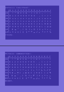 PETSCII Chart as displayed on the C64 in shifted and unshifted modes. (Not shown are control codes, as well as characters in the $C0-$FF range, which are the standard uppercase keycodes returned from the keyboard, and which are mirrored to the range $60-$7F.) C64 Petscii Charts.png