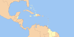 Mapa Karibiku s vyznačenými státy CARICOM žlutě