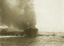 The burning Cabo Machichaco in the port of Santander