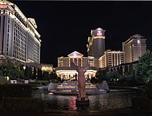 The Caesars Palace main fountain. The statue is a copy of the ancient Winged Victory of Samothrace. Caesars palace night 2007.jpg