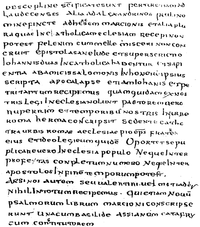  Ludovico Antonio Muratori (1672–1750) påträffade en kodex i Ambrosianska biblioteket i Milano innehållande bland annat en anonym teologisk skrift där merparten av de nytestamentliga skrifterna avhandlades. Sista sidan av tre i denna Muratoriekanon avbildas till höger. Ursprungligen publicerad av S. P. Tregelles år 1868.