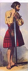 A Victorian era, romanticised depiction of a member of the clan by R. R. McIan, from The Clans of the Scottish Highlands, published in 1845. Clan MacDougall (MacIan).jpg