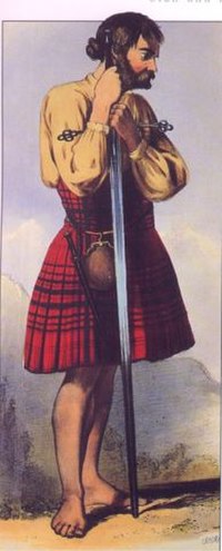 A Victorian era, romanticised depiction of a member of the clan by R. R. McIan, from The Clans of the Scottish Highlands, published in 1845.