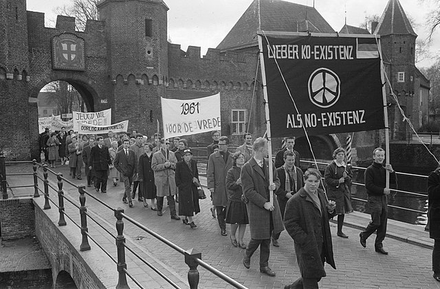 Protest against nuclear weapons with CND symbol, in Amersfoort, Netherlands, 3 April 1961