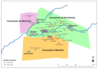 Une petite concession au nord-ouest (Mourière) avec deux puits, une grande concession au nord ou se trouve tous les puits anciens entre Ronchamp et Campagney ; une autre grande concession au sud comprenant surtout des puits récents creusés autour d'Éboulet et de Magny-Danigon.