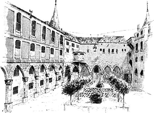 Main interior court (Cour des Hommes) of the Conciergerie in the mid-19th-century, demolished shortly afterwards