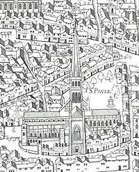 Detail from the Copperplate map of London (1553-1559), showing St Paul's Cathedral Copperplate map St Pauls.jpg