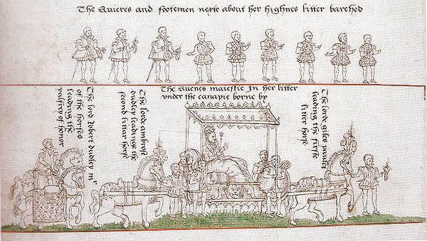 Elizabeth's coronation procession: Robert Dudley is on horseback on the far left, leading the palfrey of honour.