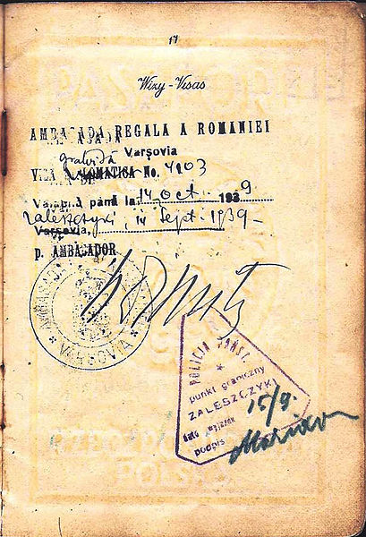 File:Crossing the border at Zalishchyky into Romania on 15 September 1939, 2 days before the Soviet invasion from the east - passport.jpg