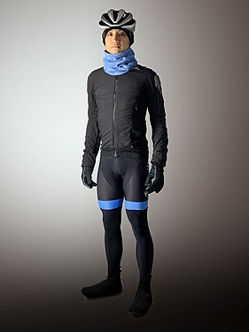 Typical winter cycling attire comprises head and heck warmers, gloves, jacket, bib tights and booties.