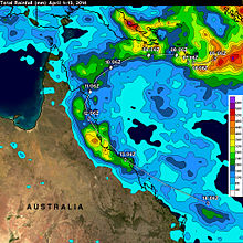 Satellite estimated rainfall map from 1-13 April showing accumulations throughout Ita's path. The highest amounts, 560 to 600 mm (22 to 24 in), fell just off the coast of Papua New Guinea and over the Coral Sea. The heaviest rains in Australia were confined to areas west of Ingham and Townsville. Cyclone Ita 2014 two week rainfall.jpg