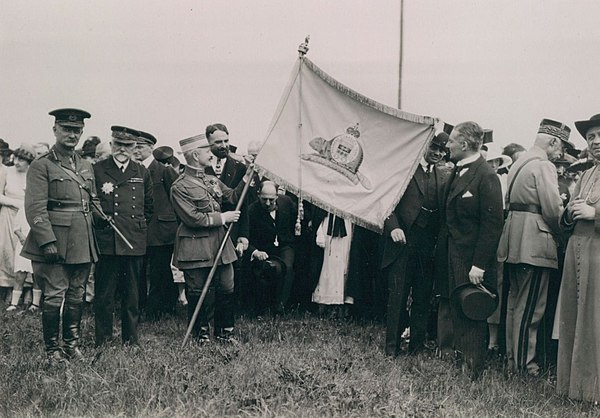 Émile Fayolle Marshal of France, presenting regimental colours to the Royal 22e Régiment on the Plains of Abraham in Quebec City, 1921. This had been 