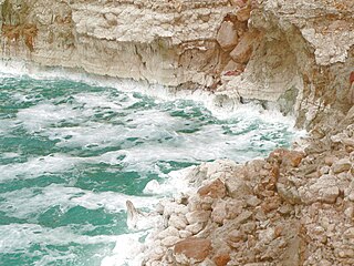 Surfen Sie auf dem Toten Meer und Salzablagerungen auf den Felsen