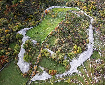 Debela griža hillfort, Kras, Slovenia. Shot from a camera attached to a kite line.