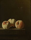 Drie perziken op een stenen plint Rijksmuseum SK-C-1690.jpeg