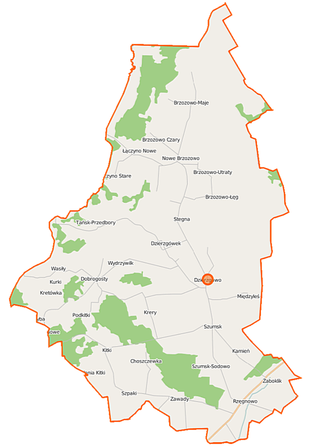 Mapa konturowa gminy Dzierzgowo, blisko centrum po prawej na dole znajduje się punkt z opisem „Kościół Wniebowzięcia Najświętszej Maryi Panny”