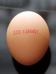 Un œuf issu d'un élevage de plus de 250 poules certifié en agriculture biologique allemande, reconnaissable au premier chiffre, « 0 », suivi de « DE » pour Deutsch.