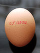 Kennzeichnung von Hühnereiern (roter Aufdruck), hier ein Bio-Ei mit der leitenden Null