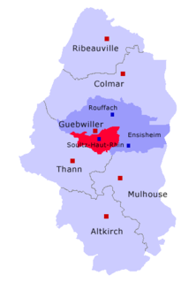 Situation of the canton of Soultz-Haut-Rhin in the arrondissement of Guebwiller and in the département of Haut-Rhin