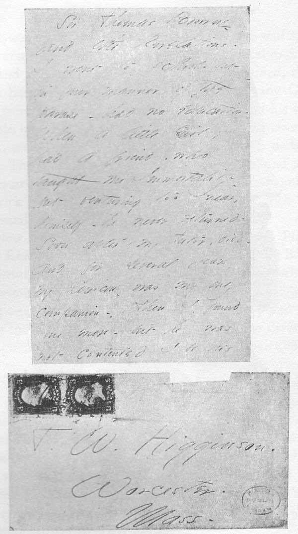 Letter and envelope from Emily Dickinson to Thomas Wentworth Higginson