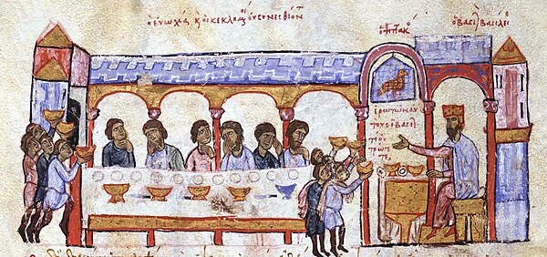 Emperor Basil I hosts a banquet for the senators.