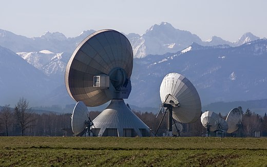 The dish farm at the Raisting Satellite Earth Station complex and Telehouse, Germany's largest satellite communications facility in Raisting, Bavaria, Germany.