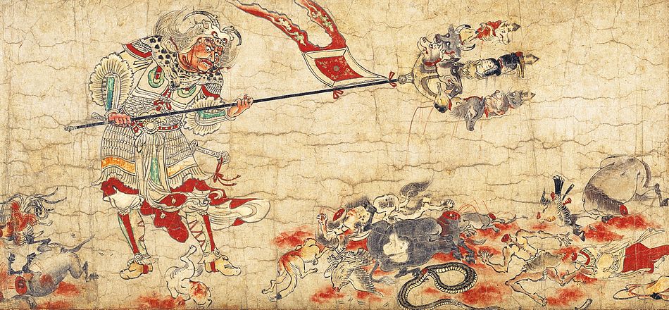 One of the five paintings of Extermination of Evil portrays Sendan Kendatsuba, one of the eight guardians of Buddhist law, banishing evil.