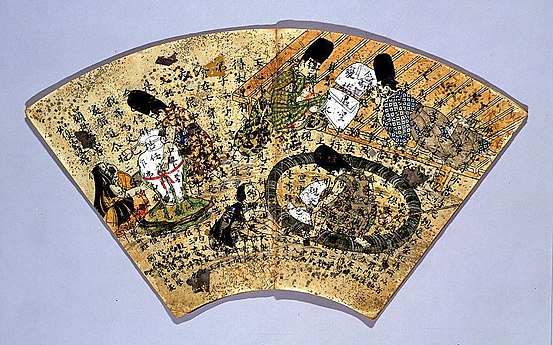 Sûtra du Lotus, livre en forme d'éventail, 22 pages. XIIe siècle. Gravure et couleurs sur papier, L. 25 cm. Musée national de Tōkyō.