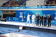 Deutsch: Fechten bei den Olympischen Jugend-Sommerspielen 2018: Tag 1, 7. Oktober 2018, Jungen, Säbel, Finale - Krisztián Rabb (HUN) - Hyun Jun (KOR) (USA) 15:13 English: Fencing at the 2018 Summer Youth Olympics at 7 October 2018 – Boys' sabre Gold medal match – Krisztián Rabb (HUN) Vs Hyun Jun (KOR) (USA) 15:13