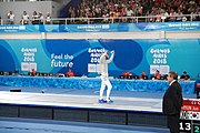 Deutsch: Fechten bei den Olympischen Jugend-Sommerspielen 2018: Tag 1, 7. Oktober 2018, Jungen, Säbel, Finale - Krisztián Rabb (HUN) - Hyun Jun (KOR) (USA) 15:13 English: Fencing at the 2018 Summer Youth Olympics at 7 October 2018 – Boys' sabre Gold medal match – Krisztián Rabb (HUN) Vs Hyun Jun (KOR) (USA) 15:13