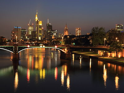 The skyline of Frankfurt am Main, Germany, at dusk