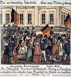 Frederick William IV riding through the streets of Berlin on 21 March 1848. The caption reads "His Majesty Frederick William IV of Prussia in the streets of his capital proclaims the unity of the German nation". (Source: Wikimedia)