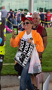 A "fuck your feelings" sign at a pro-Trump campaign rally in 2019 Fuck your Feelings & God, Guns and Trump button (48555430526).jpg