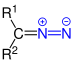 Estrutura geral dos compostos diazo com o grupo diazo marcado em azul.  R = H ou grupo organil