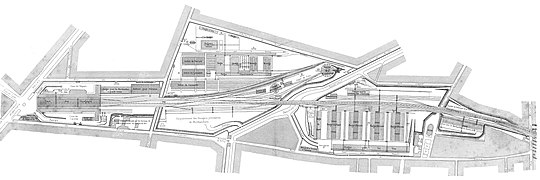 Plan de la gare, des remises, ateliers et halles aux marchandises en 1859.