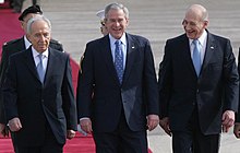 George W. Bush, Ehud Olmert and Peres in Tel Aviv, 9 January 2008 George W Bush, Ehud Olmert and Shimon Peres.jpg