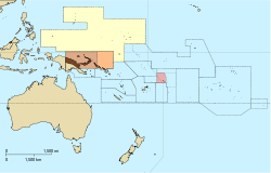 Kahverengi: Alman Yeni Ginesi; Sari: Alman boyunduruğundaki bölgeler; Kırmızı: Alman Samoası; Turuncu: Kuzey Solomon Adaları