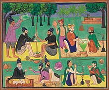 Gouache by an Amritsar artist depicting the preparation and consumption of Indian hemp (bhang), circa 1870. Gouache by an Amritsar artist depicting the preparation and consumption of Indian hemp (bhang).jpg