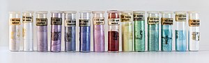 Glass vials with ground vitreous enamel powder in different colors Ground vitreous enamel powder in different colors.jpg
