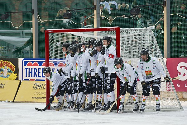 Bandy team preparing to defend their goal against a corner stroke in 2012.