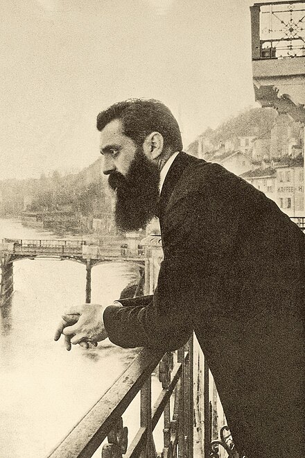 Theodor Herzl, visionary of the Jewish State, in Basel, photographed during Fifth Zionist Congress in December 1901, by Ephraim Moses Lilien.[121]