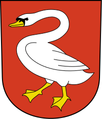 The flag of the Swiss municipality of Horgen. The swan symbolizes the town's location at Lake Zurich and Horgen's political status as administrative capital of Horgen District.