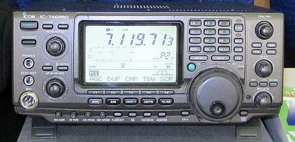 Modern amateur radio transceiver, the ICOM IC-746PRO. It can transmit on the amateur bands from 1.8 MHz to 144 MHz with an output power of 100 W