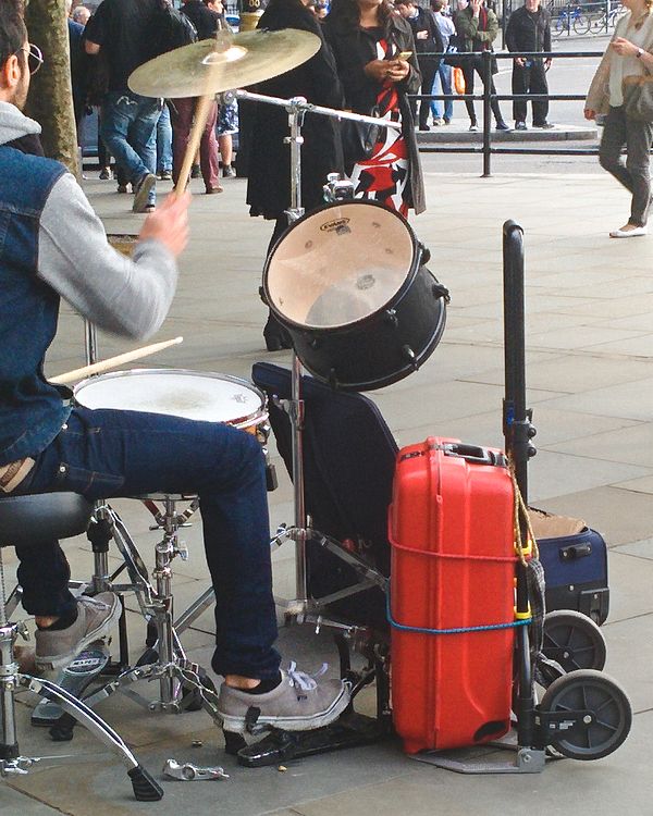 Improvised bass drum in Trafalgar Square, London.