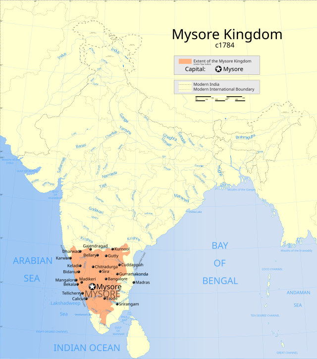 Mysores utsträckning under Tippo Sahibs regeringstid, 1784