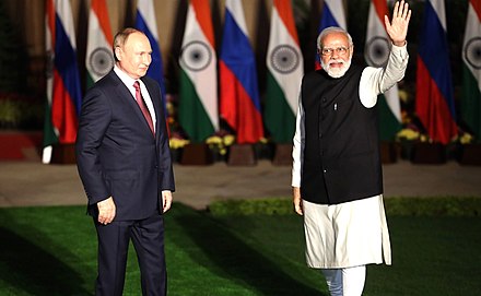 Indian PM Narendra Modi with Russian President Vladimir Putin. India and Russia enjoy strong strategic and military relations. (New Delhi, 2021)