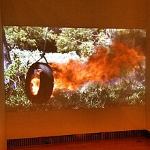 Photographie de Berni Searle montrant un pneu enflammé suspendu à un arbre tel une balançoire