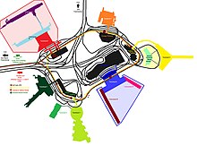 Mapa de las terminales del aeropuerto JFK anterior a la demolición de la terminal 3 (en verde claro).