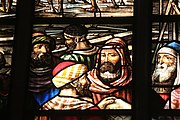 English: Detail of the stained-glass window number 28c in the Sint Janskerk at Gouda, Netherlands: "The rebuilding of the temple"