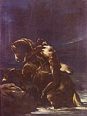 Mazeppa (vers 1820), collection particulière. Une des dernières toiles de Géricault avant sa mort, La légende de Mazzeppa. Le jeune amant surpris avec la reine est condamné à être attaché nu sur un cheval fou dans la steppe jusqu'à sa mort.